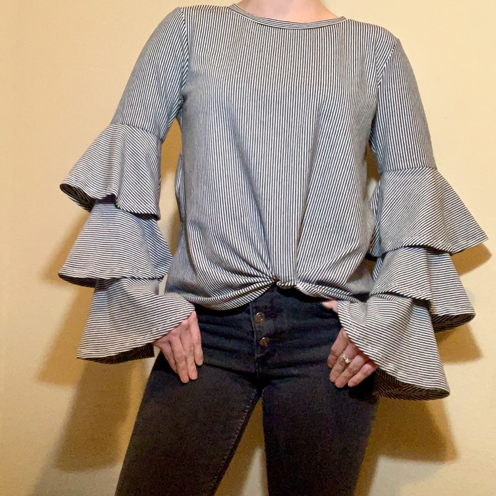 Belle + Sky Twist Front Tiered Ruffle Bell Sleeve